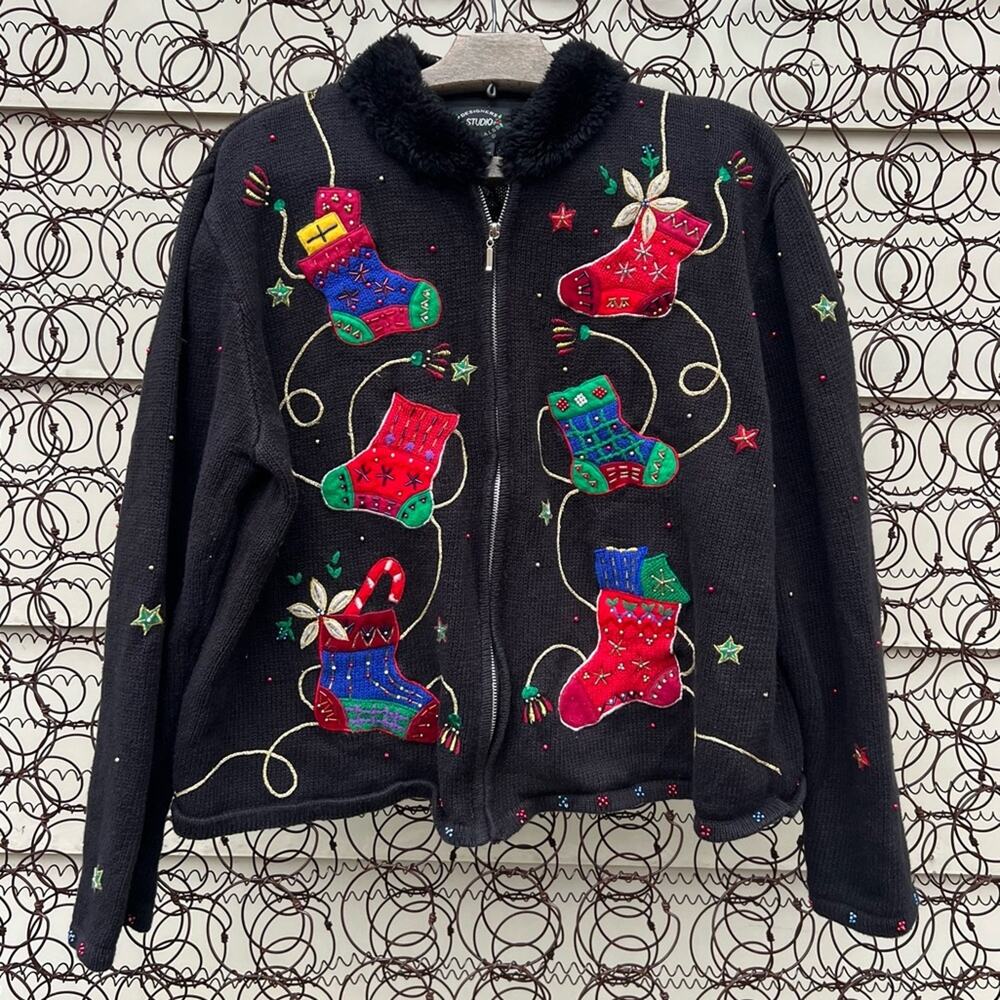 Vintage 90s Ugly Christmas Stockings Embroidered Cardigan Sweater Fur Collar XL